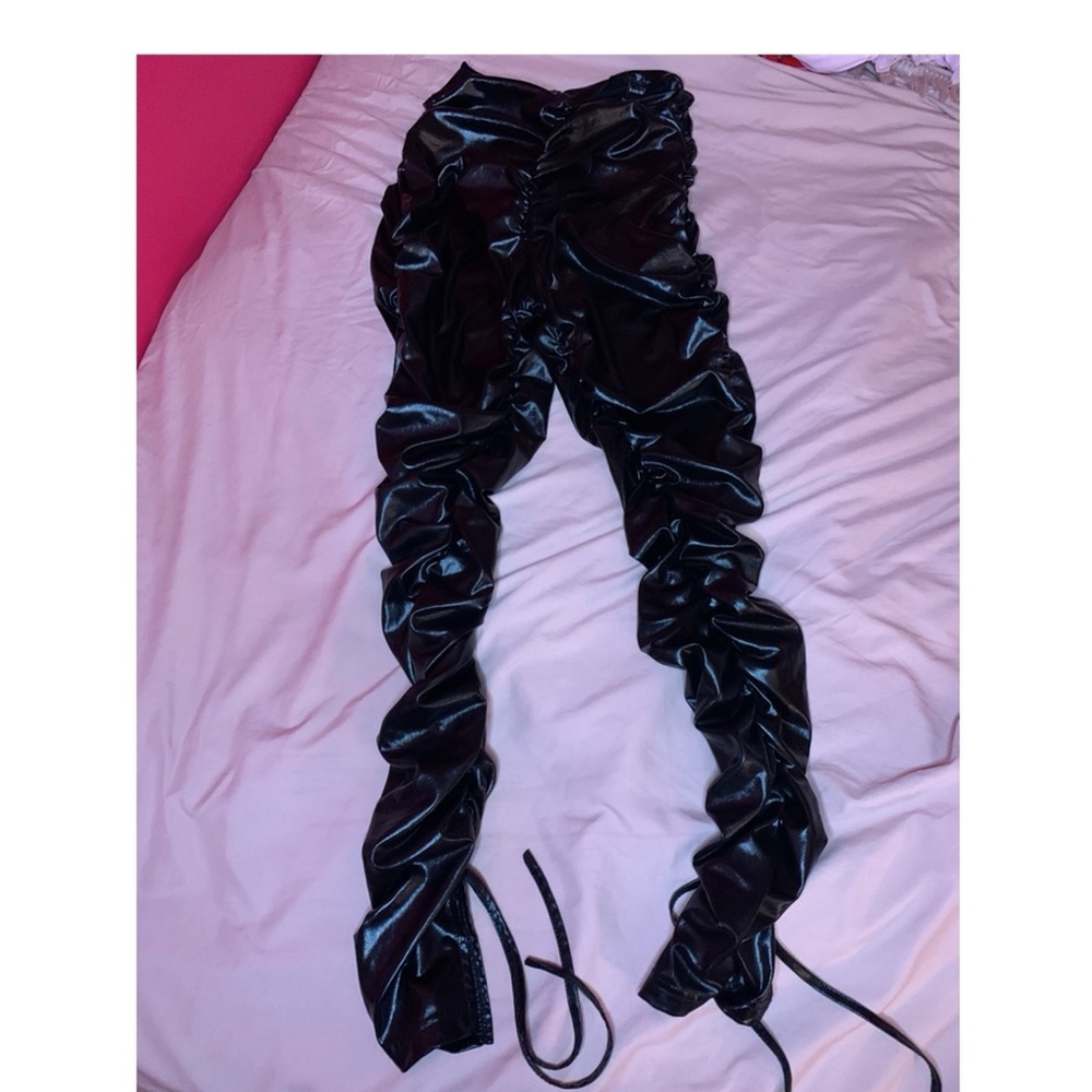 PU Leather Drawstring Skinny Staked Pants